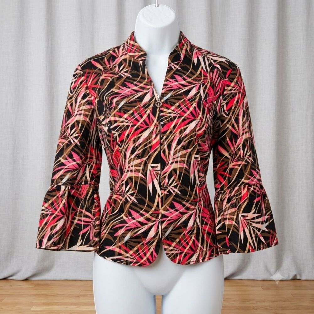 Christopher & Banks Tropical Palm Leaf Zip Up Blazer Jacket Bell Sleeve Size S